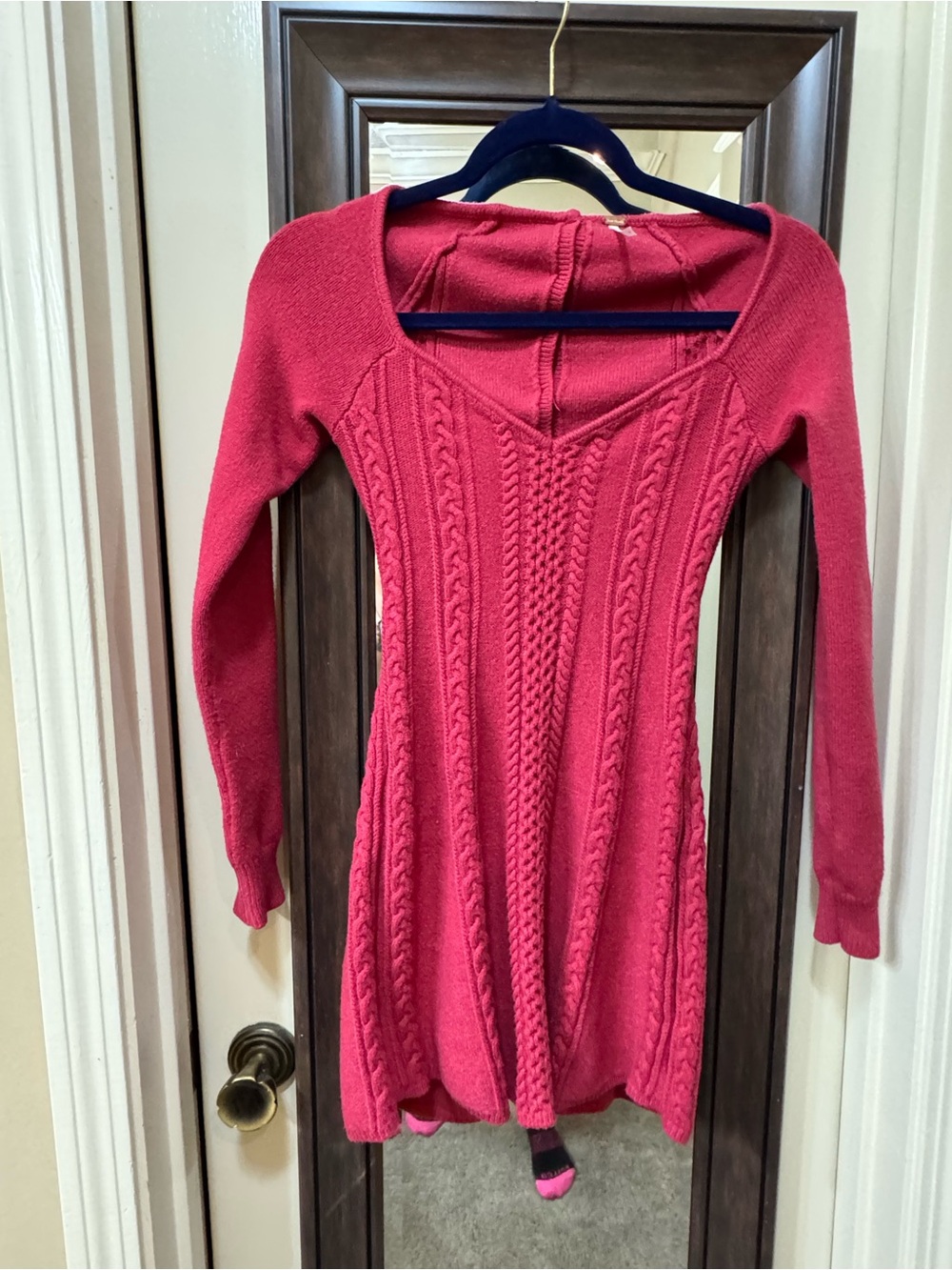 Free People Red Cable-Knit V-Neck Sweater Dress